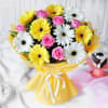 Gift Yellow & White Gerberas with Pink Roses in Yellow Wrapping