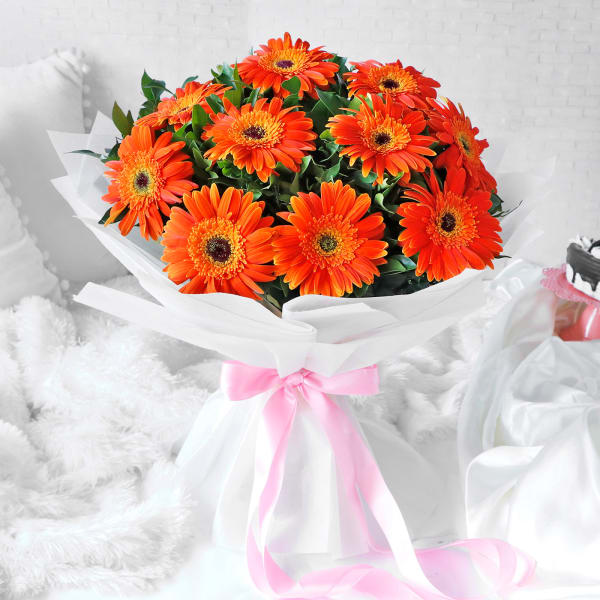 10 Orange Gerberas Bouquet in Elegant White Wrapping