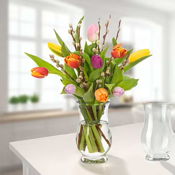 10 tulips with willow catkins with vase