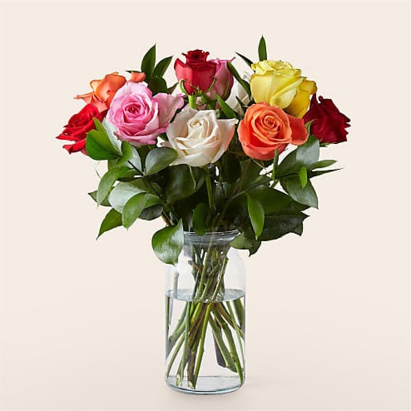 12 Mix Roses With Vase