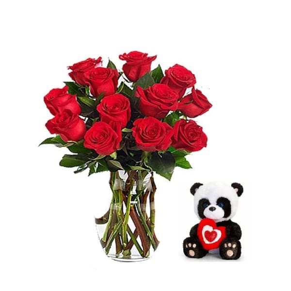 12 Red Roses Bouquet with Teddy, Chocolate & Balloon