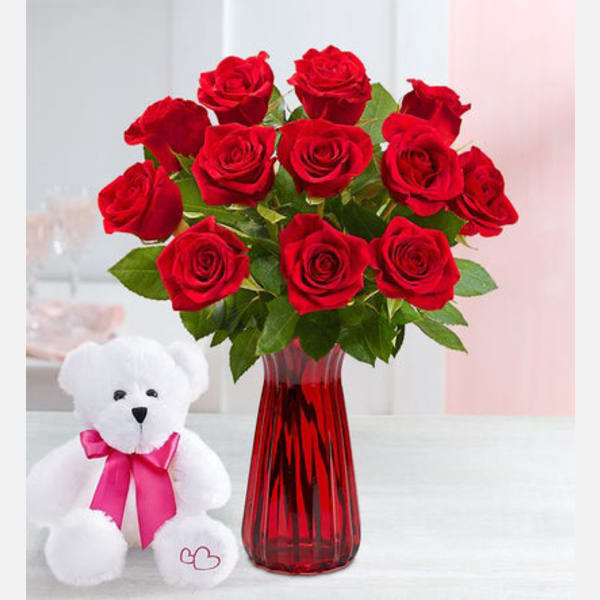 12 Red Roses With Teddy Bear