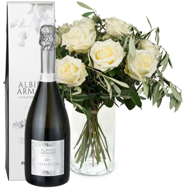 12 White Roses with greenery and Prosecco Albino Armani DOC 75cl :  Gift/Send Interflora Gifts Online ID1137160 |