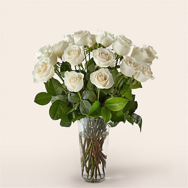 18 White Roses With Vase