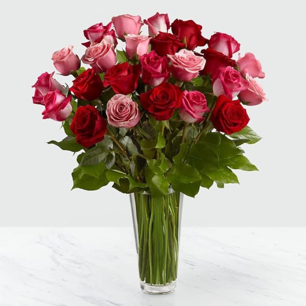 24 Red & Pink Roses in Vase