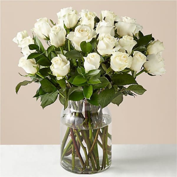 24 White Roses With Vase