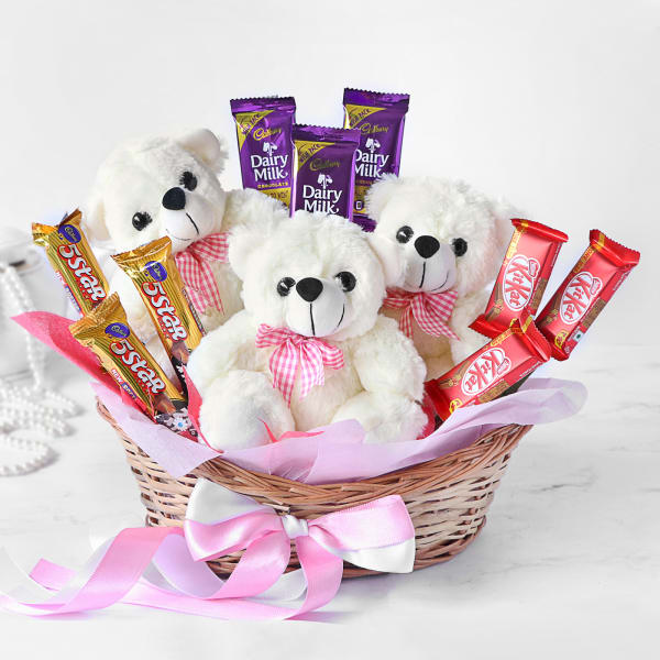 3 Teddy Bears with Chocolates in Basket