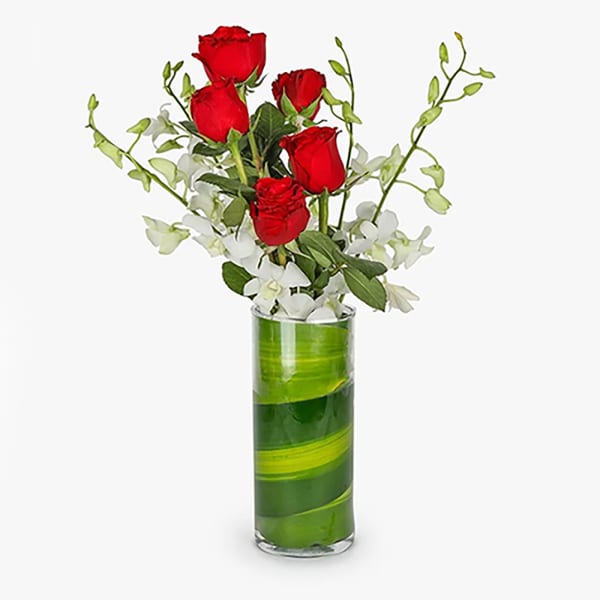 6 RED ROSES AND WHITE ORCHIDS IN A VASE