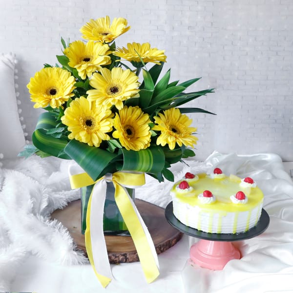 8 Yellow Gerberas Arranged in Square Vase with Pineapple Cake (Half Kg)