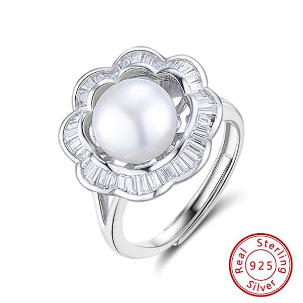 Adjustable Floral CZ And Pearl Ring