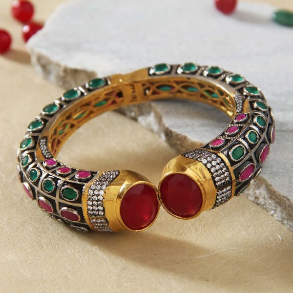 Adjustable Semi Precious Bangle Studded with Ruby and Emerald