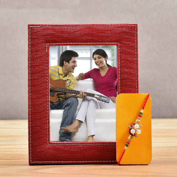 Admirable Pearl Beaded Rakhi With Personalized Leather Border Photo Admirable Pearl Beaded Rakhi With Personalized Leather Border Photo Frame
