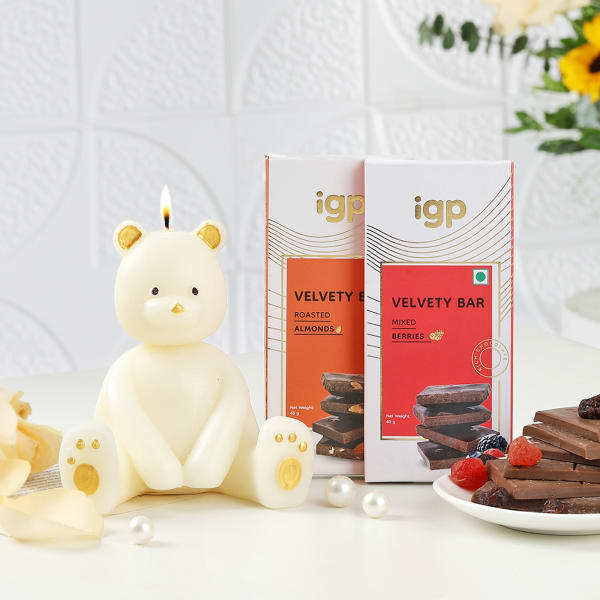 Adorable Teddy Candle And Chocolates Duo