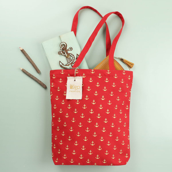 Anchor Print Canvas Tote Bag - Red