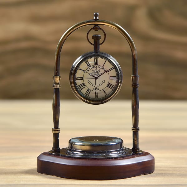 Antique Brass Desk Watch And Compass