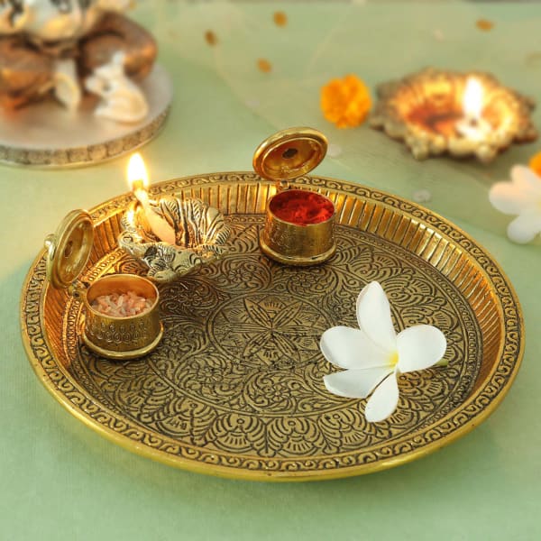 Antique Brass Finish Puja Thali with Diya