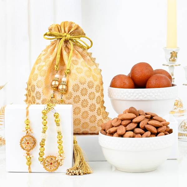 Antique Pearl Bhaiya Bhabhi Rakhi Hamper