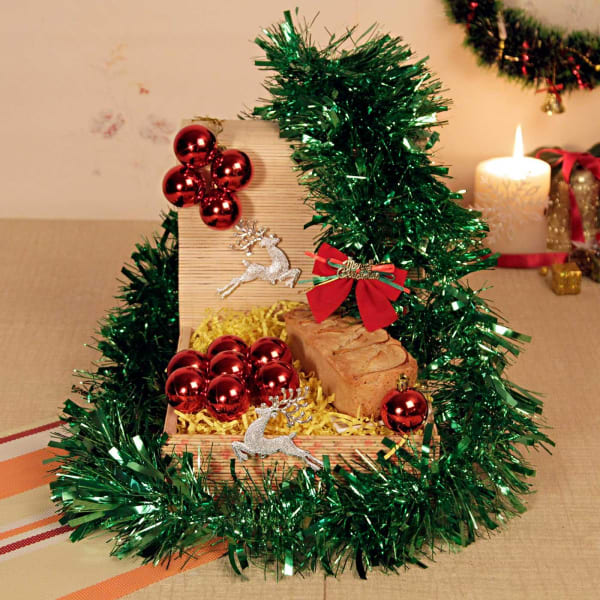 Apple Cinnamon Cake with Christmas Hanging Balls & Decoratives in Bamboo Gift Box