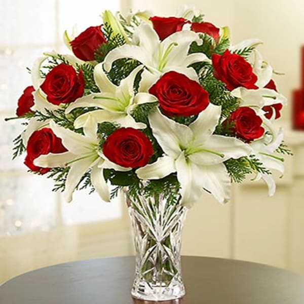 Arrangement of Red Roses and White Liliums in Vase