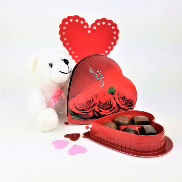 Assorted Chocolates in Heart Shaped Box with Teddy