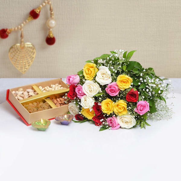 Assorted Dryfruits 400 Gms & 2 Earthen Diyas With 20 Mix Roses