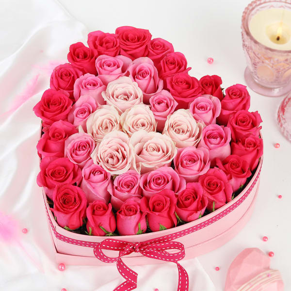 Assorted Roses in Heart Shaped Gift Box (40 Stems)