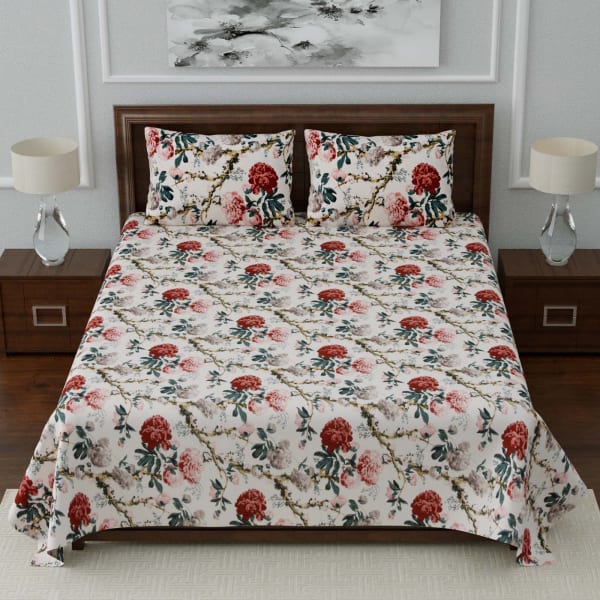 Aster Flower Prints on Double Bedsheet with Pillow Covers