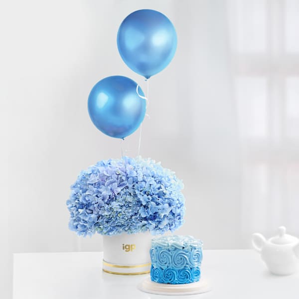 Aurora Blue Balloons Arrangement And Ombre Cake Combo