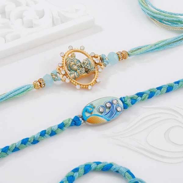Bal Krishna And Peacock Pastel Meenakari Rakhis - Set Of 2