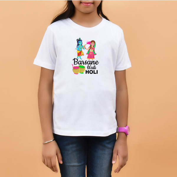 Barsane Wali Holi Cotton T-Shirt For Girls - White