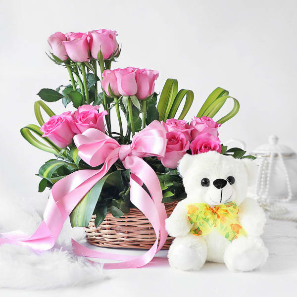 Basket Arrangement of Blush Pink Roses with Teddy