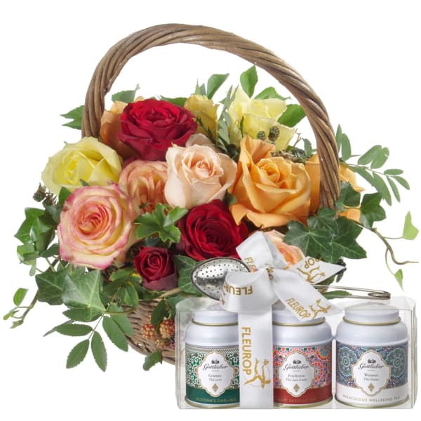 Basket Full of Roses with Gottlieber tea gift set Gift/Send Interflora Gifts Online ID1091981