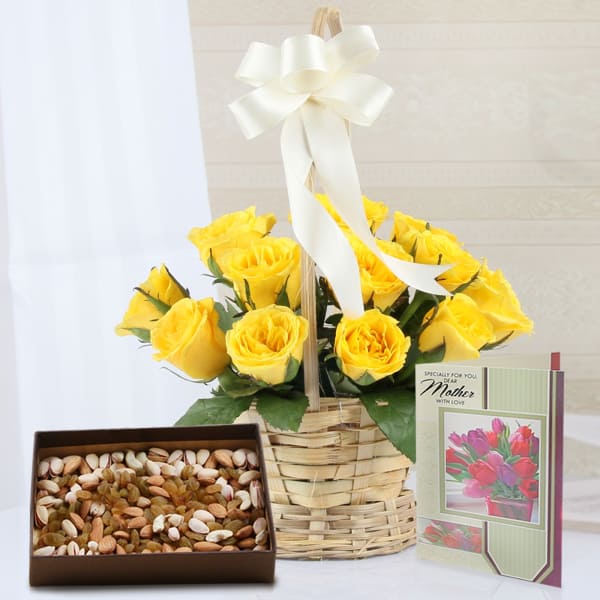 Basket of 15 Yellow Roses with Assorted Dryfruits & Greeting Card