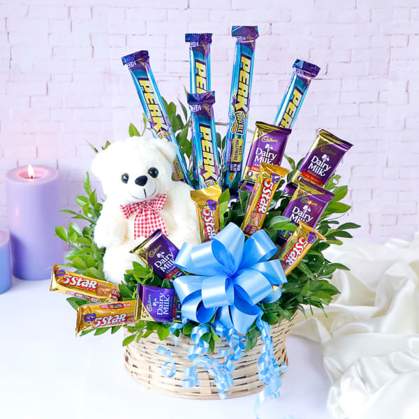 Basket Of Assorted Premium Chocolates With Teddy