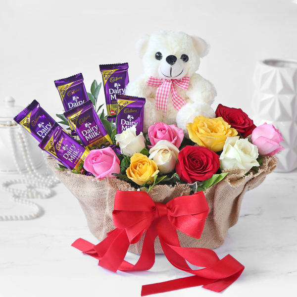 Basket of Mixed Roses with Dairy Milk Chocolates & Teddy