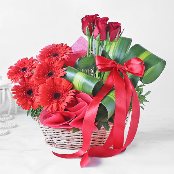Basket of Red Roses & Gerberas