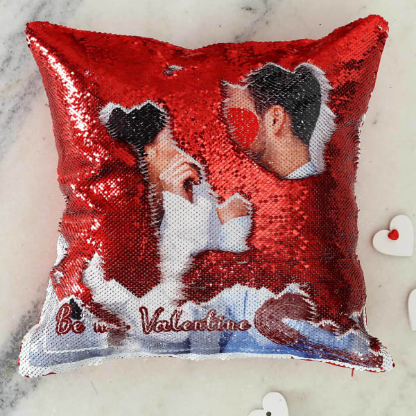 Be My Valentine Personalized Photo Sequin Cushion: Gift/Send Valentine