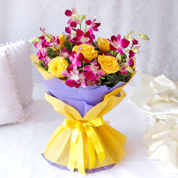 Beautiful Bouquet of Purple Orchids & Yellow Roses