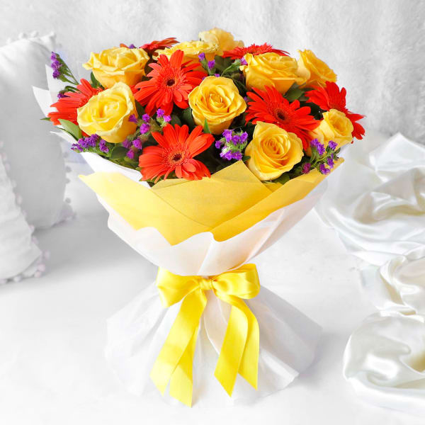Beautiful Bouquet of Yellow Roses & Orange Gerberas