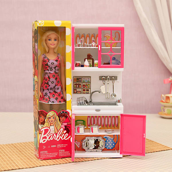 barbie doll and kitchen set