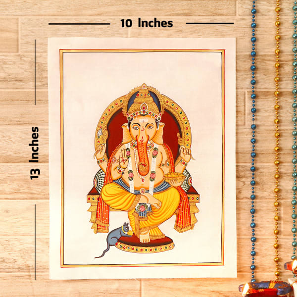 Beautiful Silk Painting of Divine Chaturbhuj Lord Ganesha