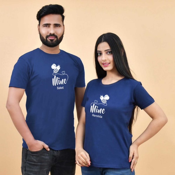 Bee Mine Personalized Cotton T-Shirts For Couple - Blue