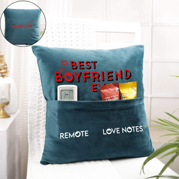 Best Boyfriend Ever - Personalized Velvet Pocket Cushion - Blue