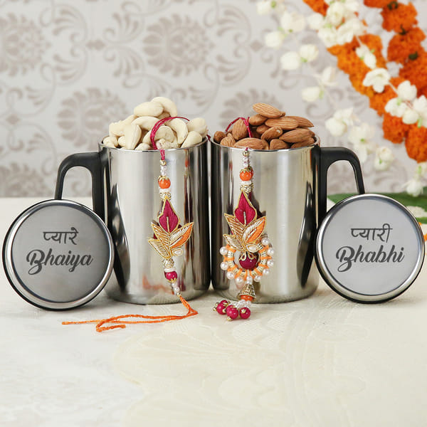 Bhaiya Bhabhi Steel Mug with Bhaiya Bhabhi Rakhi & Dryfruits Gift/Send