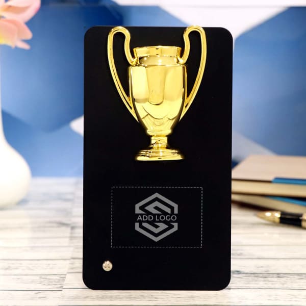 Black And Gold Metal Table Trophy - Customize With Logo
