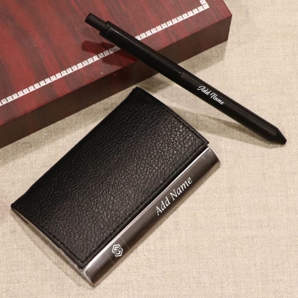 Black Card Holder with Pen in Box - Customized with Logo & Name