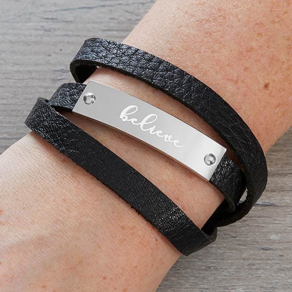 Black Leather Personalized Nameplate in Cursive Wrap Bracelet