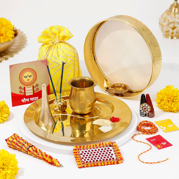 Blissful Karwa Chauth Golden Pooja Thali Hamper