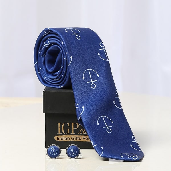 Blue Anchor Print Tie With Cufflinks