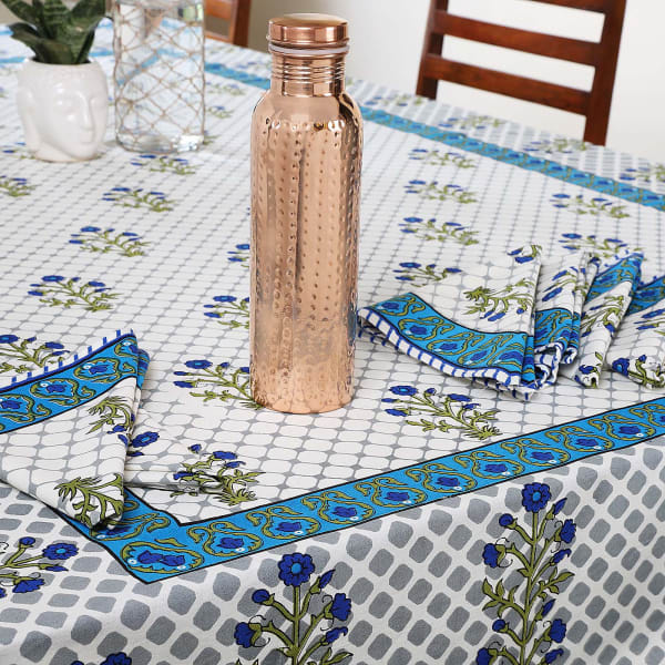 Blue Floral Cotton Table Cover With Set Of 6 Napkins And Copper Bottle